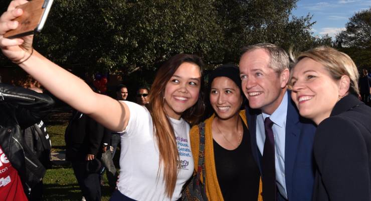 Bill Shorten and Tanya Plibersek pose for a selfie on the campaign trail in Sydney
