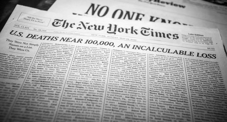 New York Times front page, Sunday May 24 2020