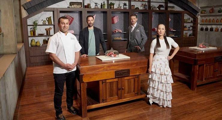 Judges Andy Allen, Melissa Leong, Jock Zonfrillo on Masterchef set with guest Coskun Uysal
