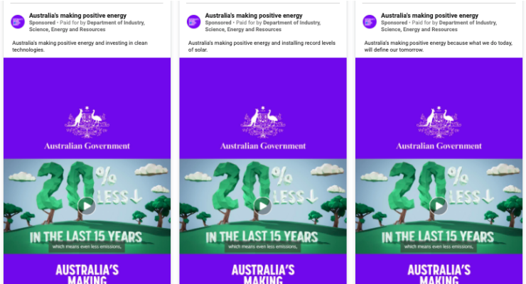 Facebook advertisements for the government's "Australia's making positive energy" campaign