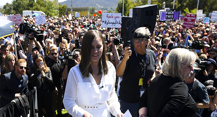 Former Liberal staffer Brittany Higgins arrives to address the Women's March 4 Justice in Canberra, Monday, March 15, 2021 (Image: AAP)