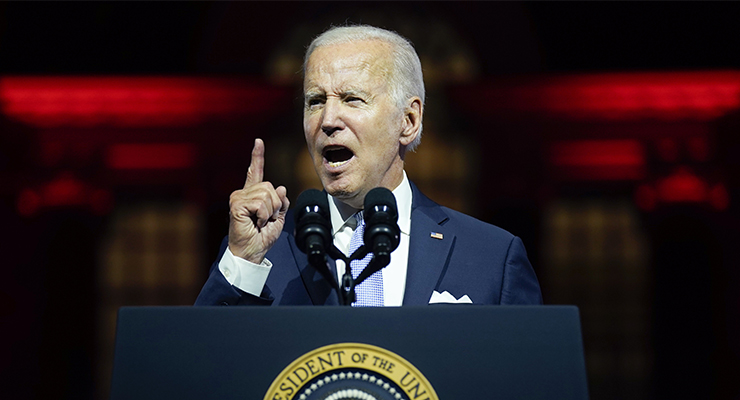 US President Joe Biden speaks outside Independence Hall (Image: AAP/AP/Evan Vucci)