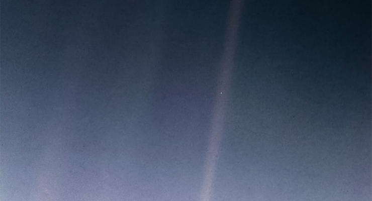 'Pale Blue Dot', a photograph taken from about 6 billion kilometers away by the Voyage 1 space probe, showing Earth as a tiny dot within deep space (Voyager 1/NASA)