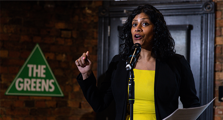 Leader of the Greens Samantha Ratnam at Melbourne launch (Image: AAP/Diego Fedele)