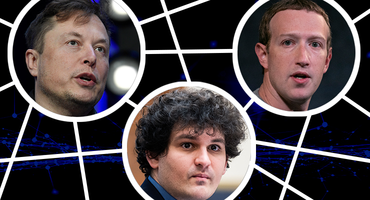 Elon Musk, Sam Bankman-Fried and Mark Zuckerberg (Images: AAP/Private Media)