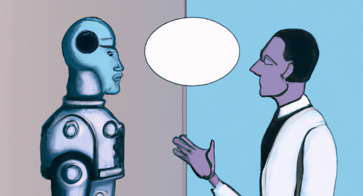 An AI-generated image of a robot talking to a person (Image: DALL-E)