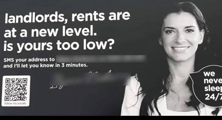 A photo of a flyer offering a service to landlords to evaluate their rent (Image: Supplied)