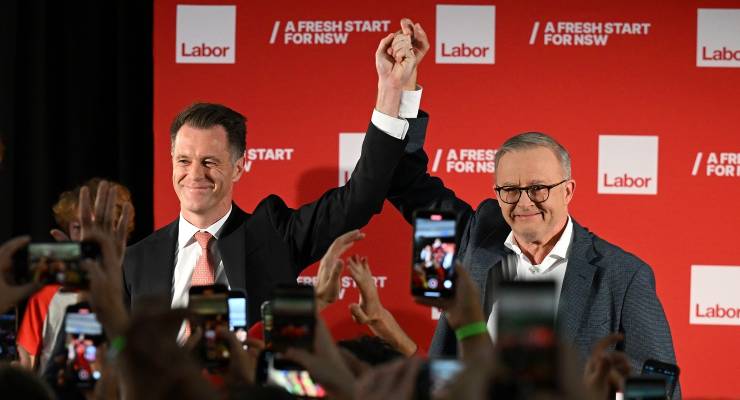 Incoming NSW Premier Chris Minns and Prime Minister Anthony Albanese celebrate Labor's victory