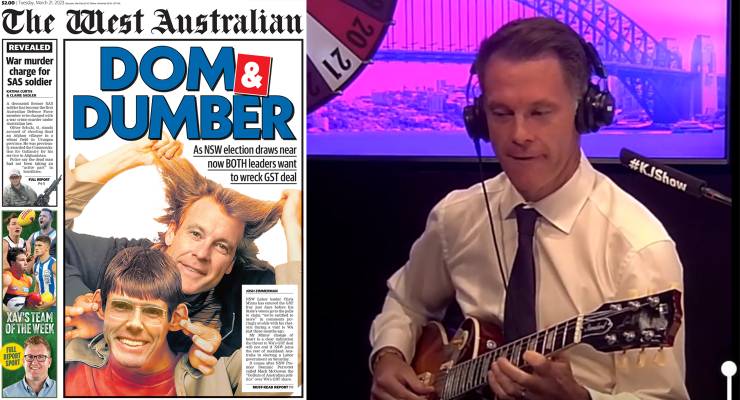 A front page of The West Australian, and Chris Minns playing guitar on The Kyle and Jackie O Show (Images: The West Australian/YouTube)