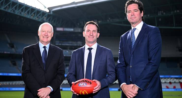 Richard Goyder, Incoming AFL CEO Andrew Dillon and Gillon McLachlan (Image: AAP/James Ross)