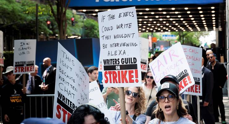 Protesters on a Writers Guild of America picket line in New York City