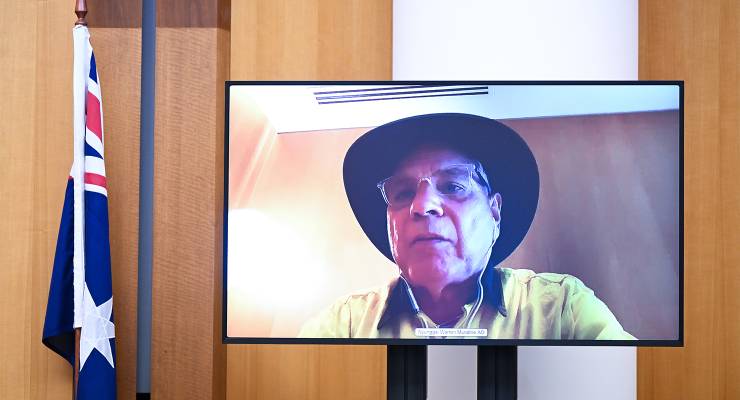 Nyunggai Warren Mundine during a parliamentary committee hearing into the Indigenous Voice referendum (Image: AAP/Lukas Coch)