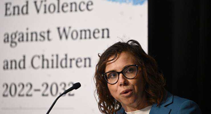 Social Services Amanda Rishworth launching the national plan last year (Image: AAP/Joel Carrett)
