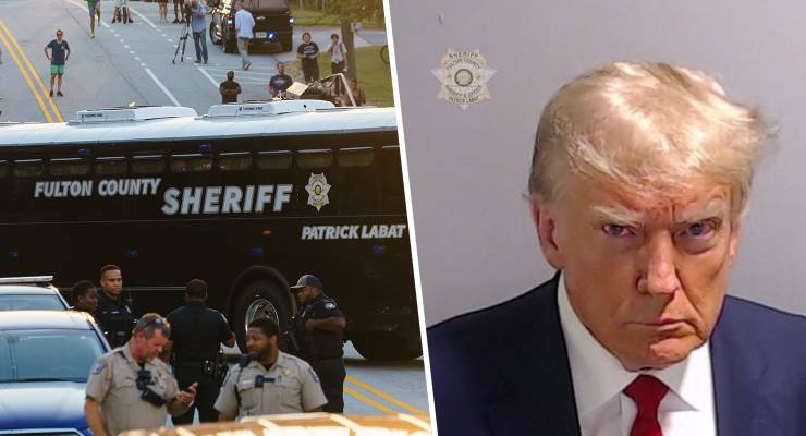 People waiting to see former president Donald Trump arrive at the Fulton County Jail; Trump's official mugshot (Image: Elijah Nouvelage/Sipa USA; Fulton County Jail)
