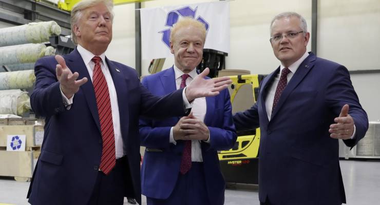 Australian billionaire Anthony Pratt with Donald Trump and Scott Morrison at an Ohio Pratt Industries plant, 2019