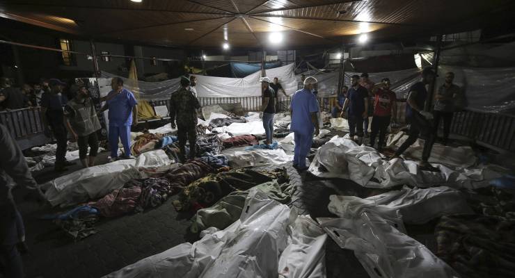 Bodies of Palestinians killed by an explosion at the Ahli Arab hospital in Gaza (Image AP/Abed Khaled)