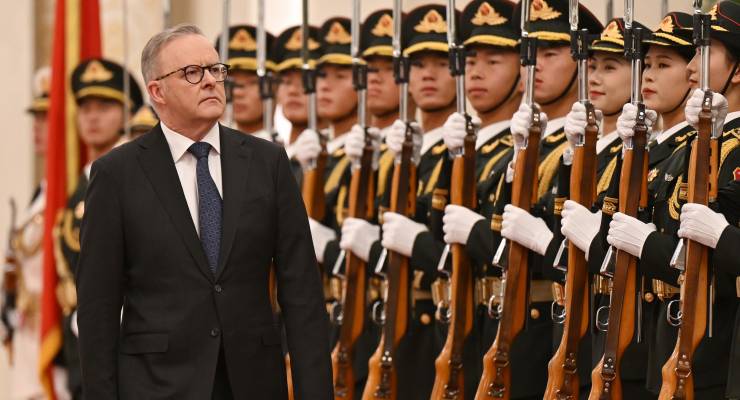 Prime Minister Anthony Albanese receives a ceremonial welcome in Beijing (Image: AAP/Lukas Coch)