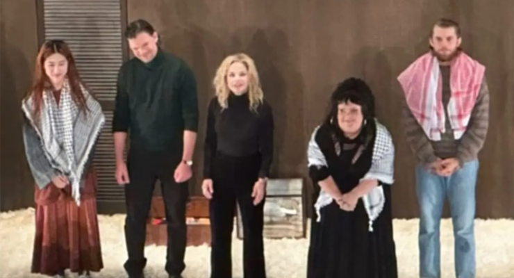 Mabel Li, Megan Wilding and Harry Greenwood wearing keffiyeh in the STC’s production of The Seagull (Image: Instagram)