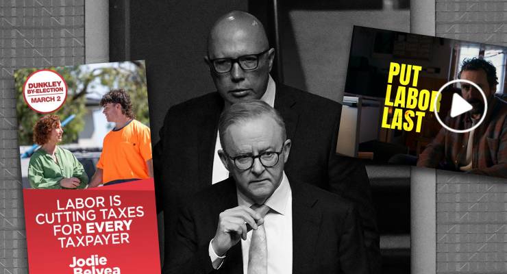 Peter Dutton, Anthony Albanese and campaign advertising for the Dunkley by-election (Images: Meta Ad Library/AAP)