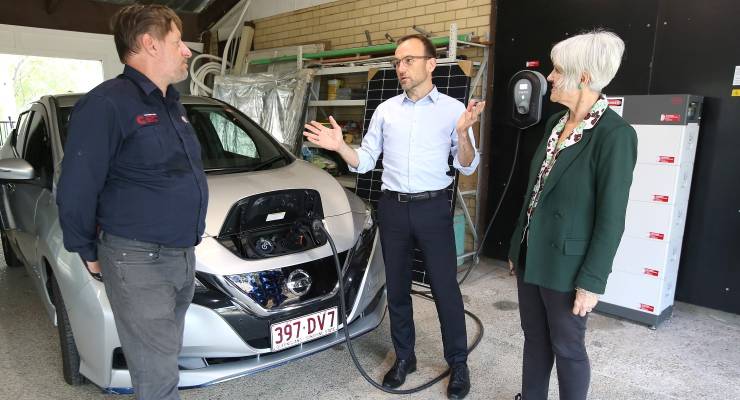 Greens leader Adam Bandt with an electric vehicle (Image: AAP/Jono Searle)
