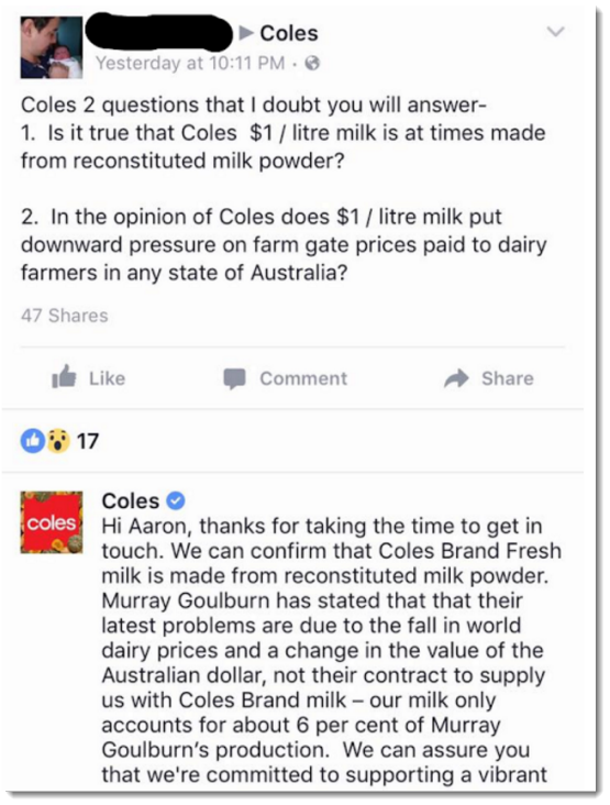 Coles Facebook milk