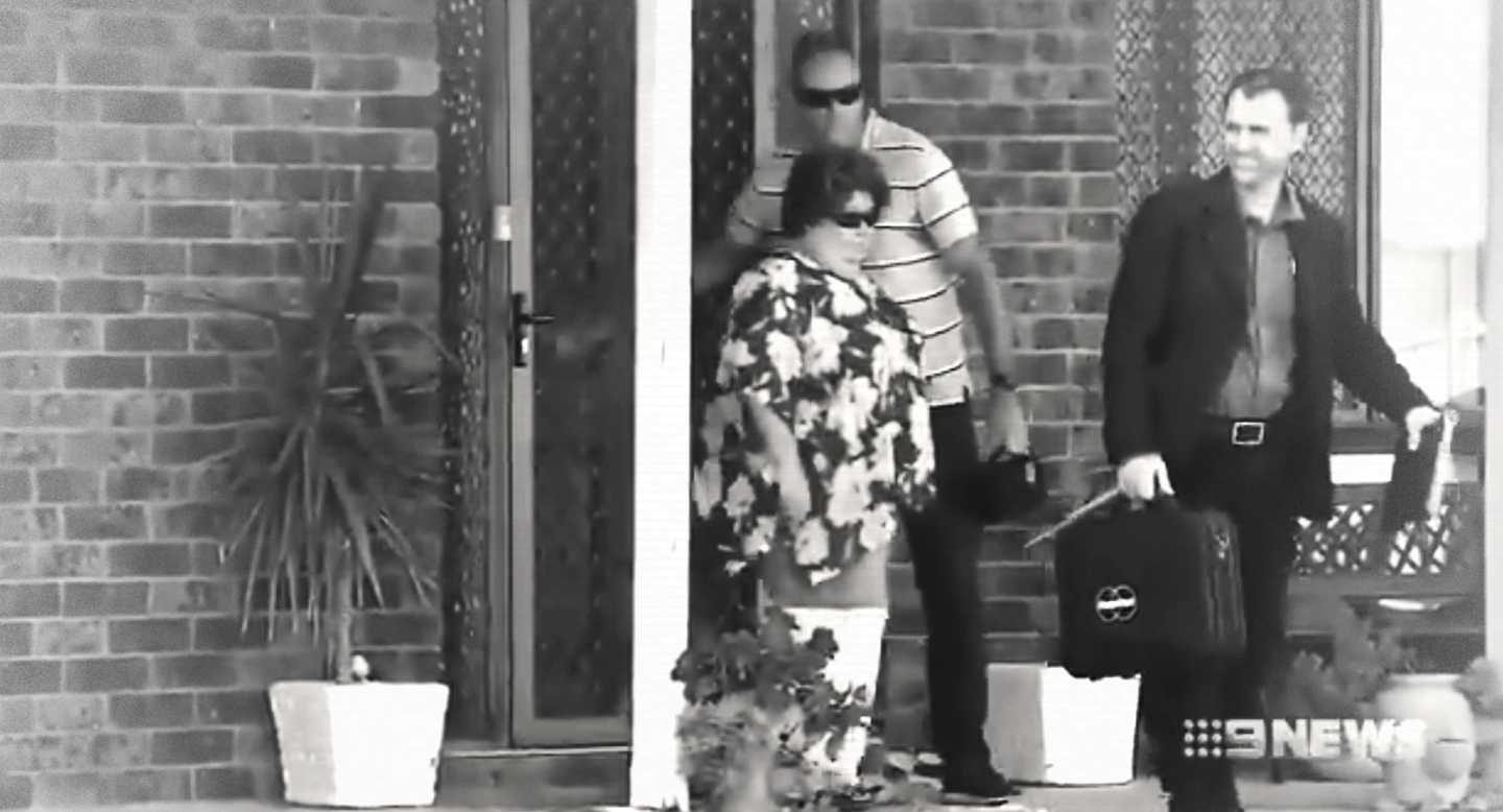 Channel Nine news films outside the home of Brenton Tarrant's mother (pictured) during a NSW terror raid. 