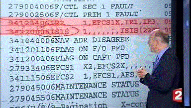 This screen grab from france2 TV last night shows a discussion of part of the ACARS message log from AF447