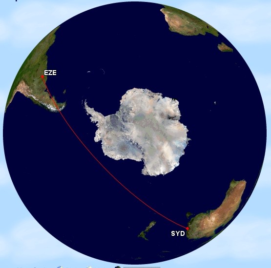 The nominal shortest possible route between Sydney and Buenos Aires, by Great Circle Mapper