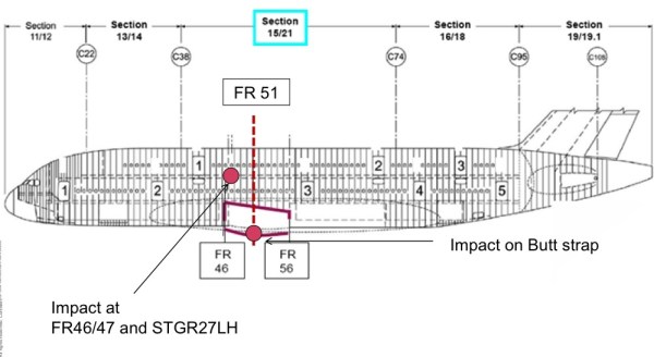 Some impact damage was done to underbelly and side of the A380