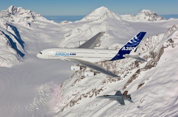 The A380 tagged by a Hornet over the Bernese Oberland